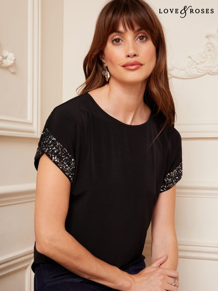 Love & Roses Black Sequin Cuff Jersey Top (E22252) | € 27