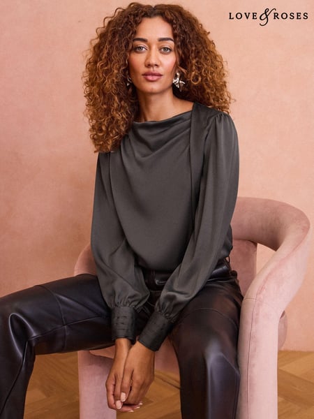 Love & Roses Grey Satin Cowl Neck Long Sleeve Blouse (E22263) | € 29