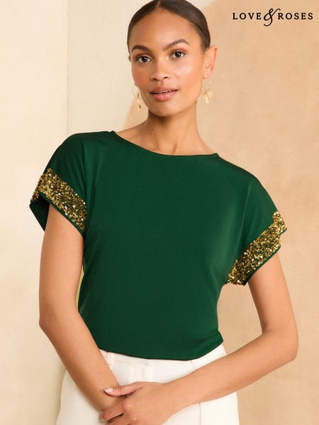 Love & Roses Green With Gold Sequin Cuff Jersey Top (E22271) | € 22