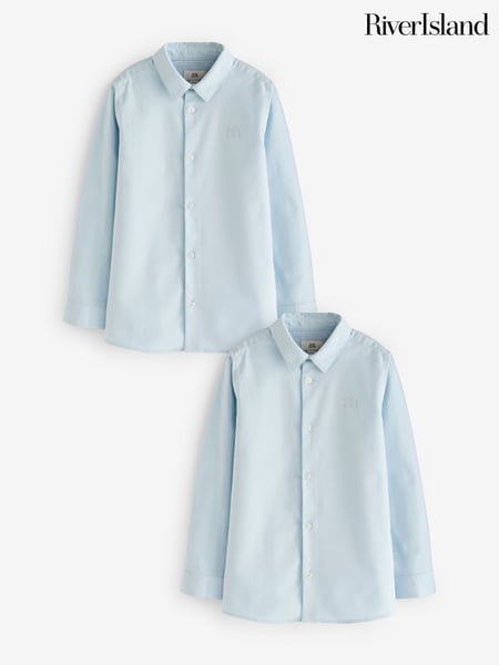 River Island Blue Boys Long Sleeve Oxford 100% Cotton Shirts 2 Pack (E22423) | € 39