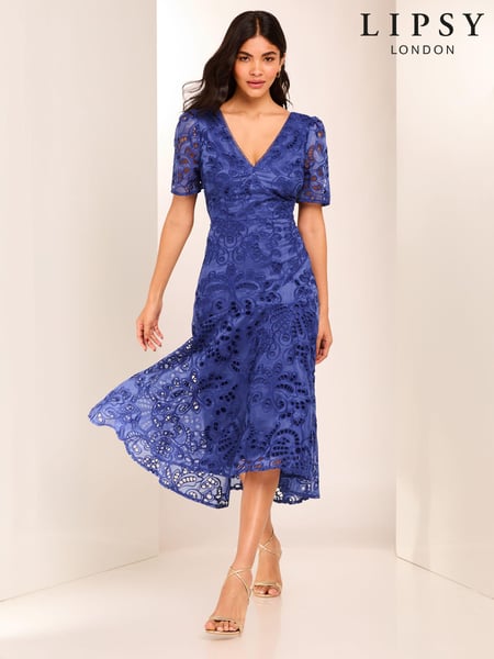 Lipsy Blue Premium Broderie Lace Shortss Sleeve V Neck High Low Midi Dress (E22934) | € 109