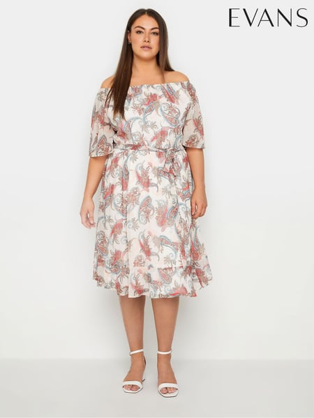 Evans Paisley Print Cold Shoulder Midi White Dress (E23291) | € 73