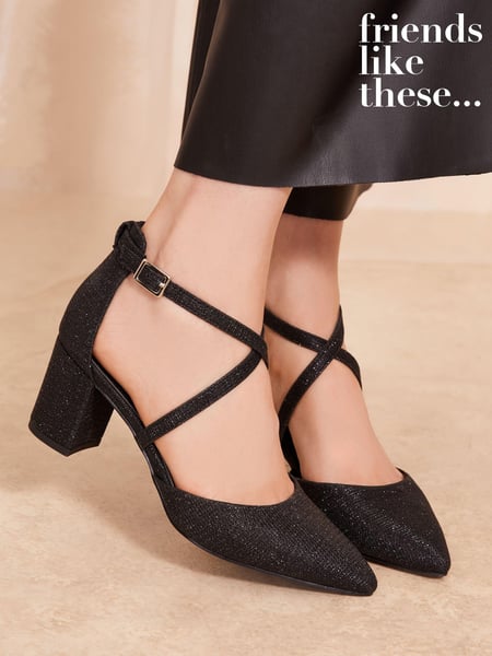 Friends Like These Black Glitter Cross Strap Mid Block Heel Court Shoes (E23639) | € 29