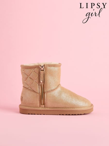 Lipsy Brown Studded Side Zip Quilted Panel Faux Fur Suede Lined Ultra Soft Bootie (E23665) | € 18 - € 20
