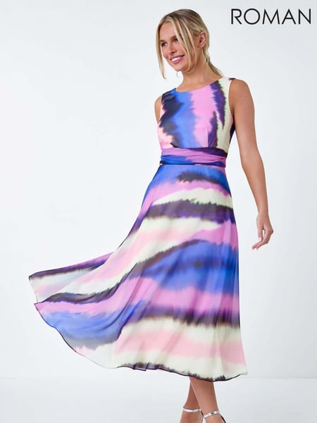 Roman Purple Sleeveless Abstract Print Midi Dress (E23694) | € 94