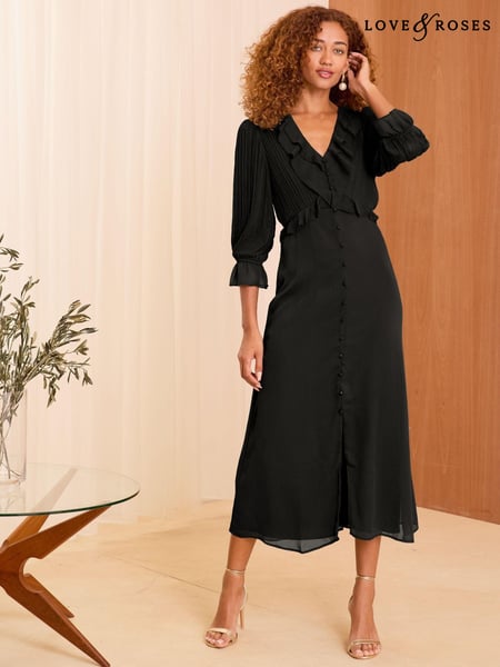 Love & Roses Black Pleated Ruffle Midi Dress (E23797) | € 53