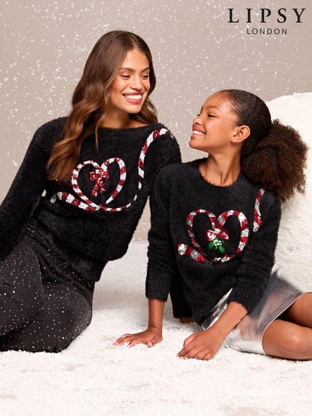 Lipsy Black Candy Cane Christmas Slogan Crew Neck Knitted Jumper (E23885) | € 34