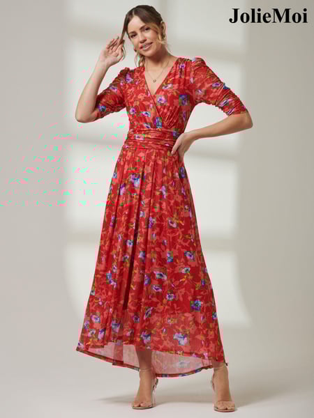Jolie Moi Red V-Neck Short Sleeve Mesh Maxi Dress (E23904) | € 47