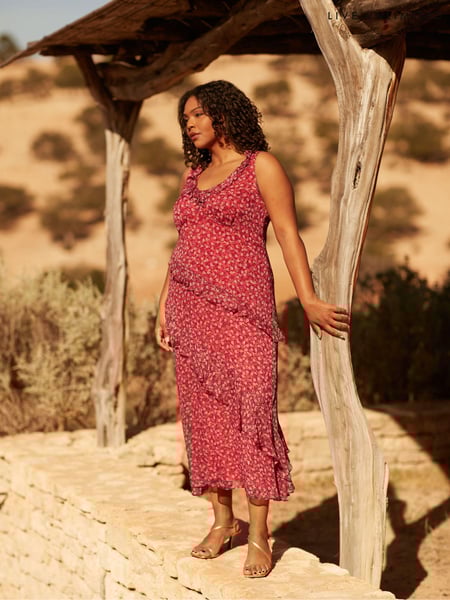 Live Unlimited Red Curve Floral Metallic Frill Midaxi Dress (E24295) | € 93
