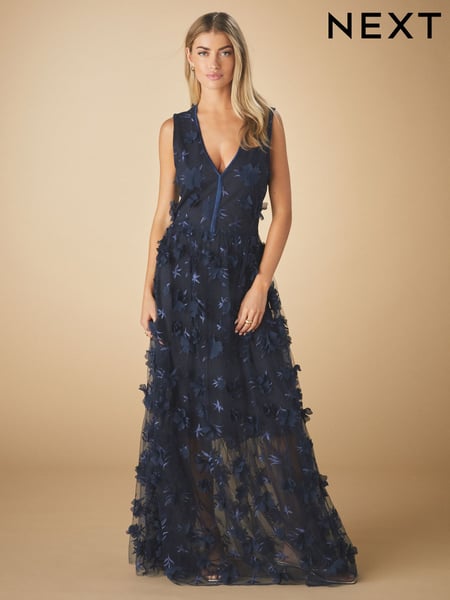 Blue Navy 3D Floral Print Textured V-Neck Maxi Dress (E25220) | € 70