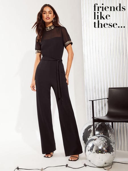Friends Like These Black High Neck Short Sleeve Sequin Trim Jumpsuit (E25325) | € 60