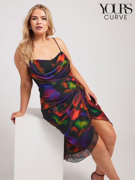 Yours Curve Black Mesh Gather Tulip Dress (E25686) | € 83