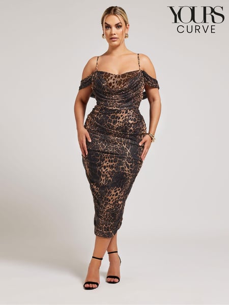 Yours Curve Black Cold Shoulder Cowl Gather Mesh Dress (E25692) | € 83