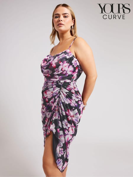 Yours Curve Black Floral Mesh Gathered Tulip Dress (E25706) | € 41