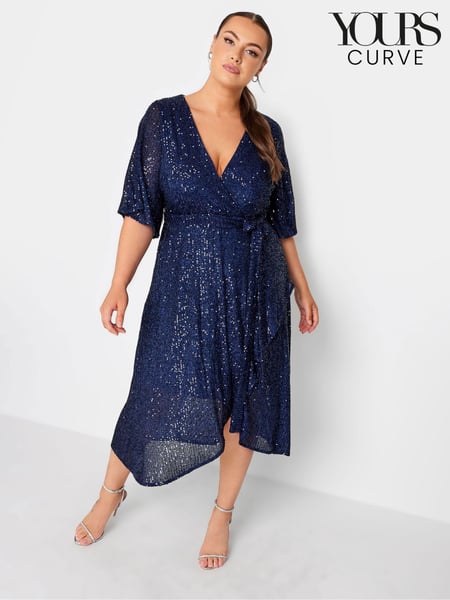 Yours Curve Blue Sequin Tulip Hem Wrap Dress (E25763) | € 58
