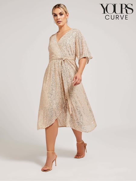 Yours Curve Gold Sequin Tulip Hem Wrap Dress (E25775) | € 70
