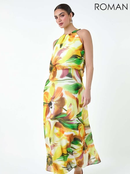 Roman Yellow Abstract Print Chiffon Overlay Maxi Dress (E26188) | € 105