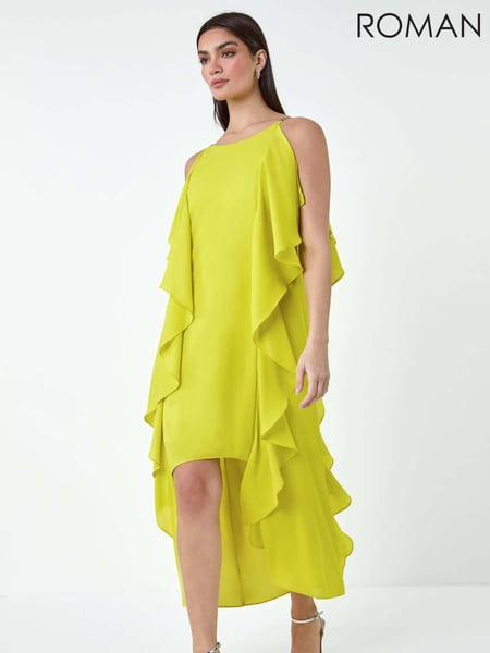 Roman Green Plain Dipped Hem Ruffle Detail Midi Dress (E26192) | € 74
