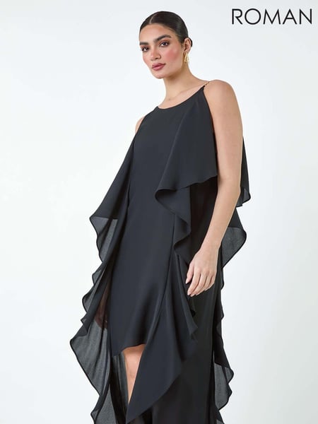 Roman Black Plain Dipped Hem Ruffle Detail Midi Dress (E26194) | € 74