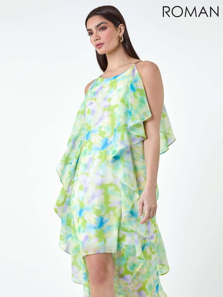 Roman Green Abstract Chiffon Ruffle Detail Midi Dress (E26205) | € 105