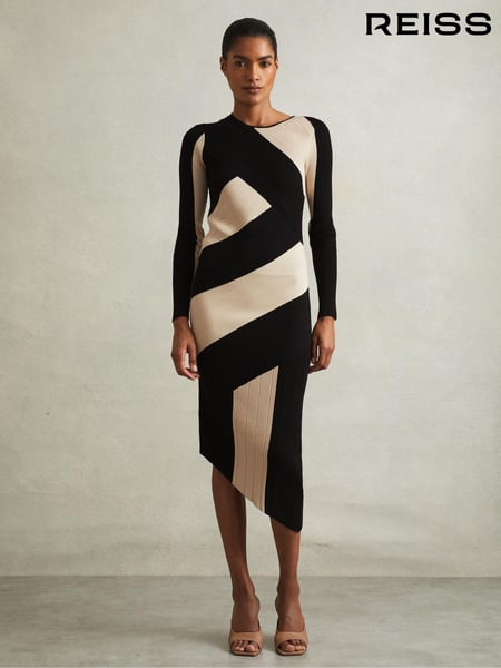 Reiss Black/Camel Jem Knitted Colourblock Asymmetric Midi Dress (E26339) | € 278