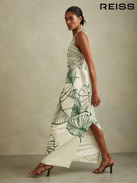 Reiss White/Green Lexi Floral Sketch Halter Neck Maxi Dress (E26399) | € 434