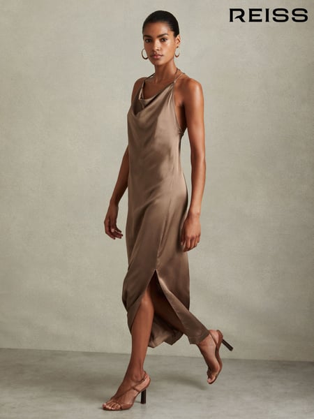 Reiss Mink Lilah Satin Cowl Neck Maxi Dress (E26405) | € 215