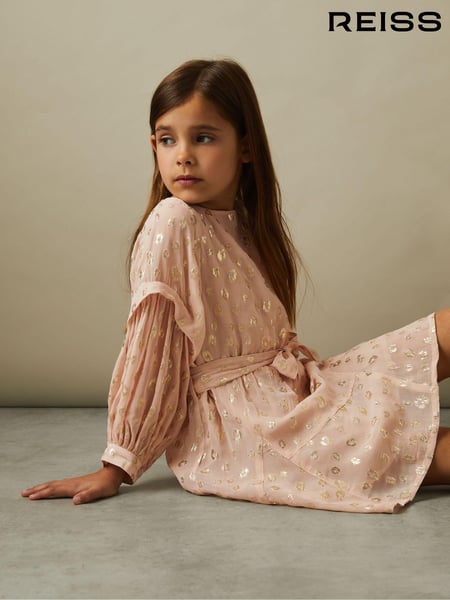 Reiss Pink Allie 9-13 yrs Metallic Jacquard Print Puff Sleeve Dress (E26477) | € 115