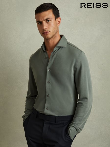 Reiss Green Smoke Bobby Modal Blend Cutaway Collar Shirt (E27133) | € 153