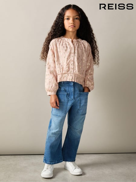 Reiss Pink Ellen 9-13 yrs Metallic Print Puff Sleeve Ruffle Top (E27471) | € 73