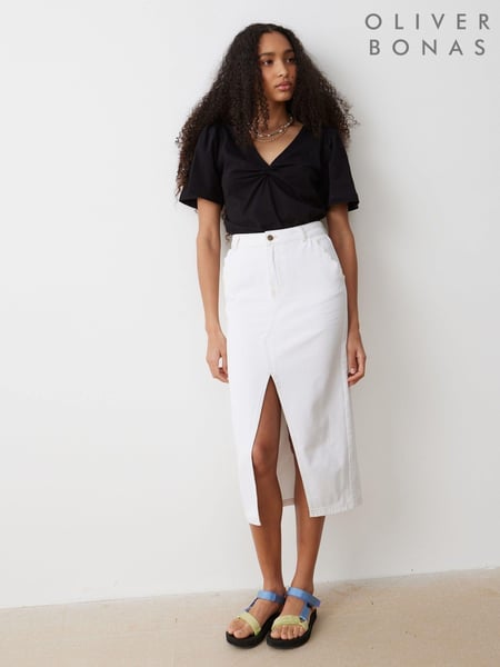 Oliver Bonas White Contrast Stitch 100% Cotton Midi Skirt (E27566) | € 45