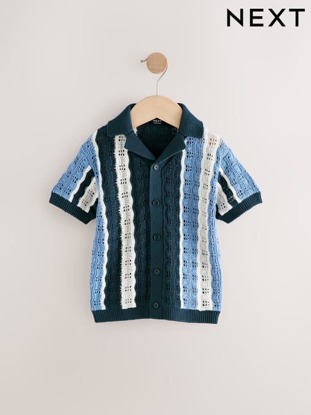 Blue Crochet Revere Collar Short Sleeve Knitted Polo Shirt (3mths-7yrs) (E27762) | € 18 - € 21