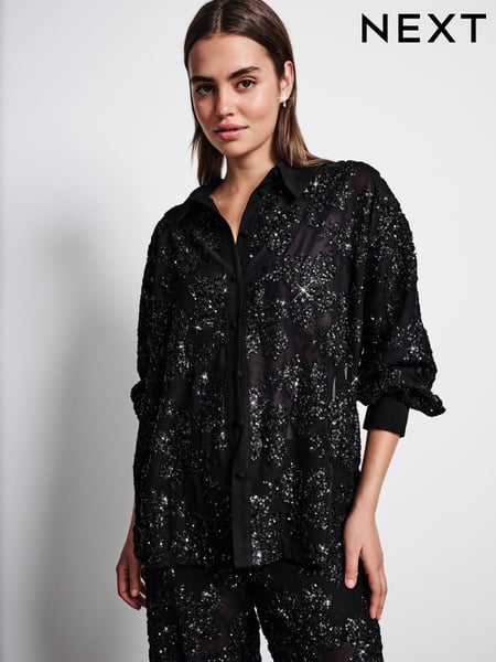 Black Sequin Embellished Sheer Shirt (E27834) | € 62