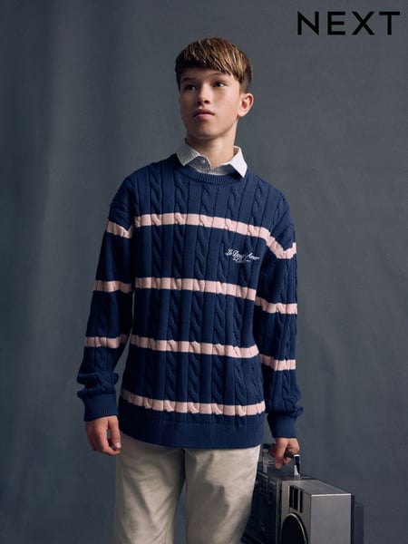 Navy Blue Stripe Mock Shirt Crew Neck Jumper (3-16yrs) (E27903) | € 28 - € 35
