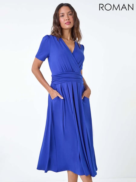 Roman Blue Gathered Midi Wrap Stretch Dress (E29162) | € 70