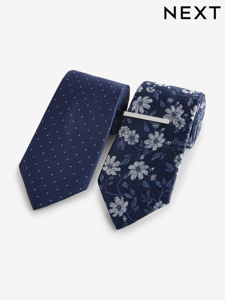 Navy Blue Floral/Blue Polka Dot Design Ties And Tie Clips 2 Pack (E29804) | € 33