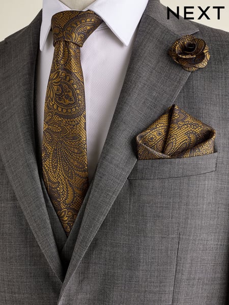 Ochre Yellow Textured Paisley Tie, Pocket Square And Pin Set (E29805) | € 18