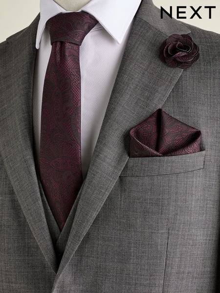 Burgundy Red Textured Paisley Tie, Pocket Square And Pin Set (E29806) | € 21