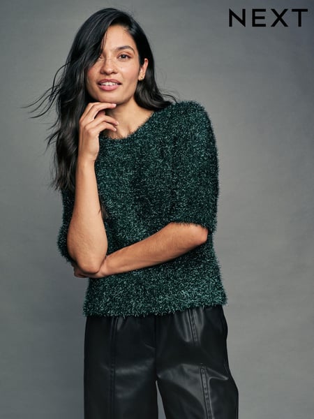 Dark Green Sparkle Tinsel Short Sleeve Knitted T-Shirt Jumper (E30043) | € 21
