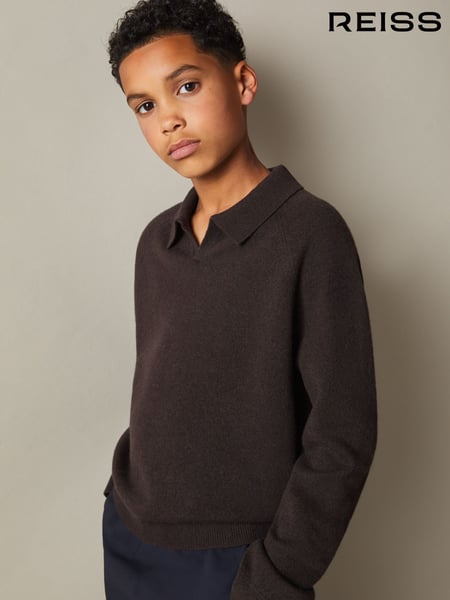 Reiss Chocolate Brown Grange Senior Wool-Cashmere Open Collar Polo Shirt (E30145) | € 66