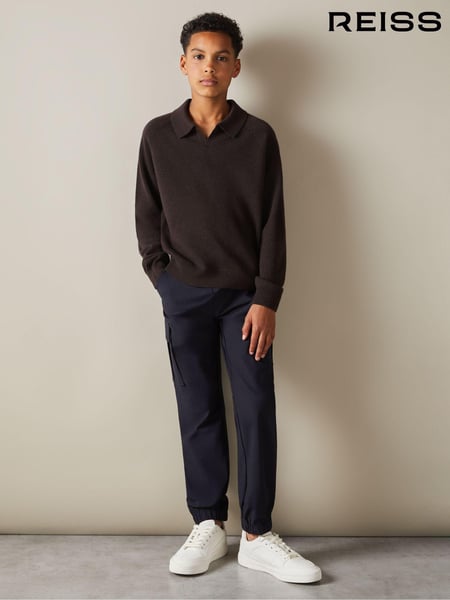 Reiss Chocolate Brown Grange Junior Wool-Cashmere Open Collar Polo Shirt (E30154) | € 59
