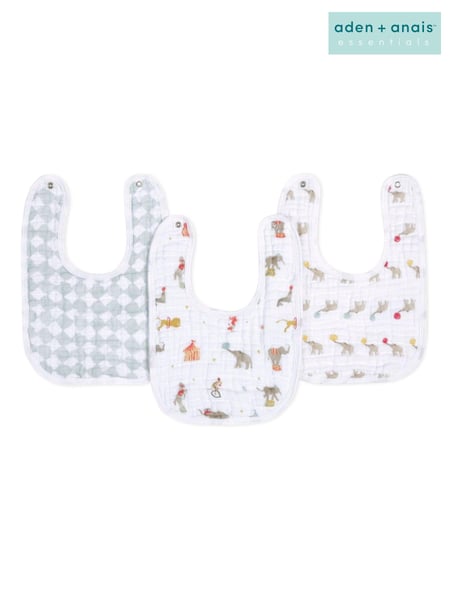 aden + anais White Essentials 100% Cotton Muslin Baby Snap Elephant Circus Bibs 3 Pack (E30217) | € 20