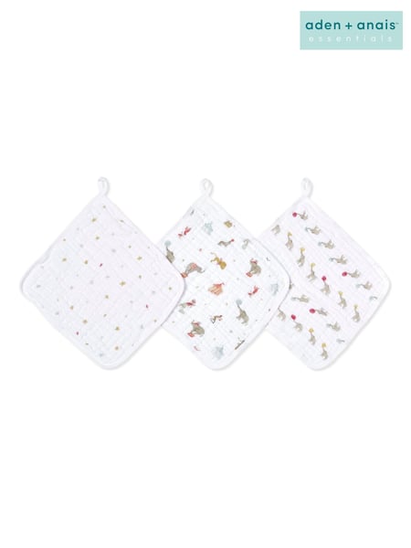 aden + anais White Essentials 100% Cotton Muslin Elephant Circus Washcloth 3 Pack (E30232) | € 16