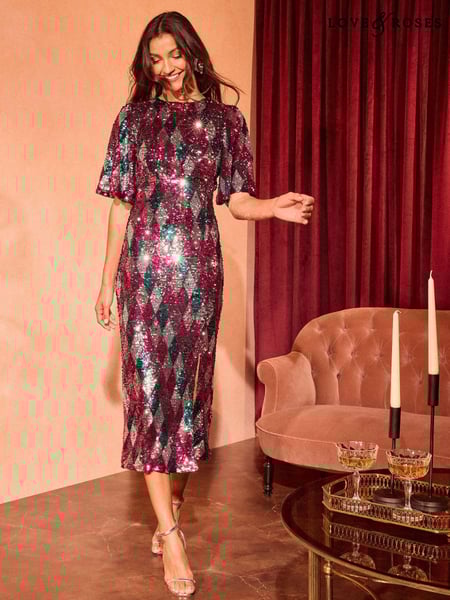 Love & Roses Silver Flutter Sleeve Sequin Midi Dress (E30266) | € 100