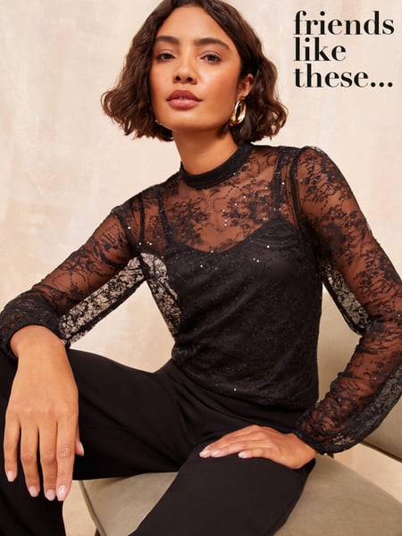 Friends Like These Black Long Sleeve High Neck Lace Sequin Top (E30516) | € 29