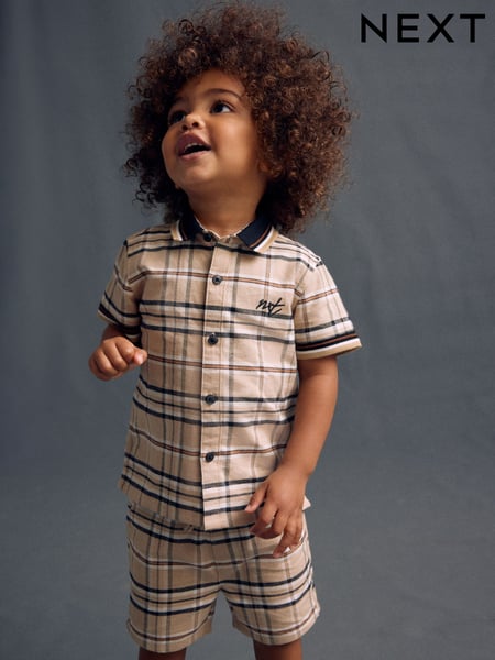 Neutral Short Sleeves Check Shirt and Short Set (3mths-7yrs) (E32651) | € 26 - € 31