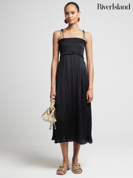 River Island Black Crinkle Shirred Midi Dress (E33297) | € 32