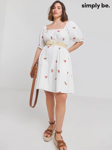 Simply Be White Embroidered Fruit Skater 100% Cotton Dress (E33669) | € 29