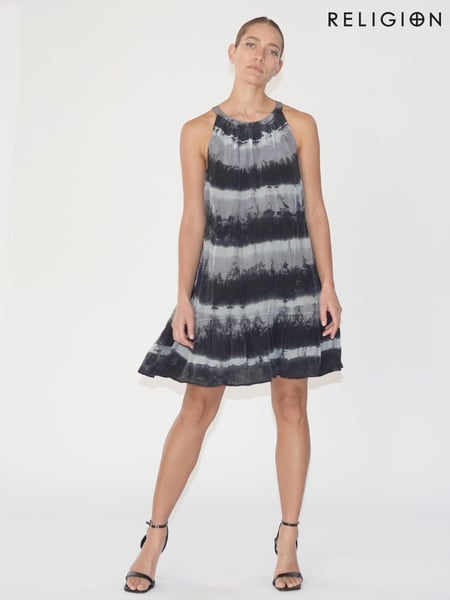 Religion Black Halterneck Mini Dress in Tie Dye Stripe With Drawstring (E33834) | € 64