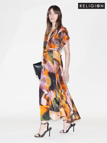 Religion Orange Delight Wrap Dress With Full Skirt (E33846) | € 97